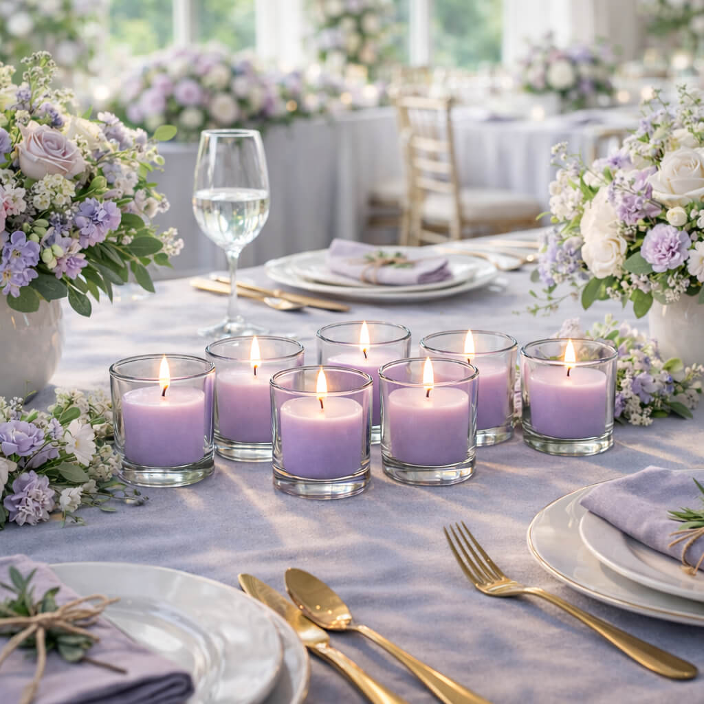 Richland Votive Candles & Eastland Clear Votive Holders Set of 144 - Lavender - Lavender Scented