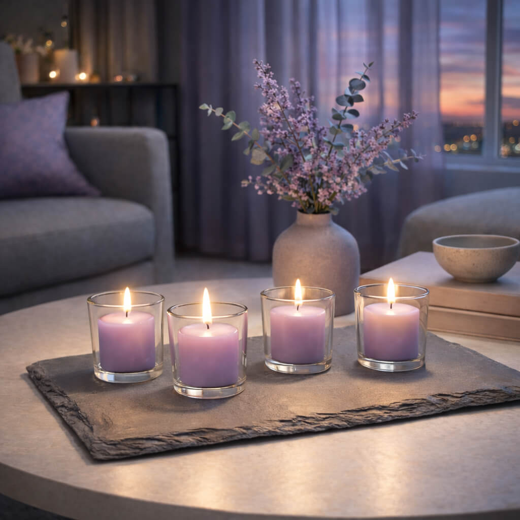 Richland Votive Candles & Eastland Clear Votive Holders Set of 144 - Lavender - Lavender Scented