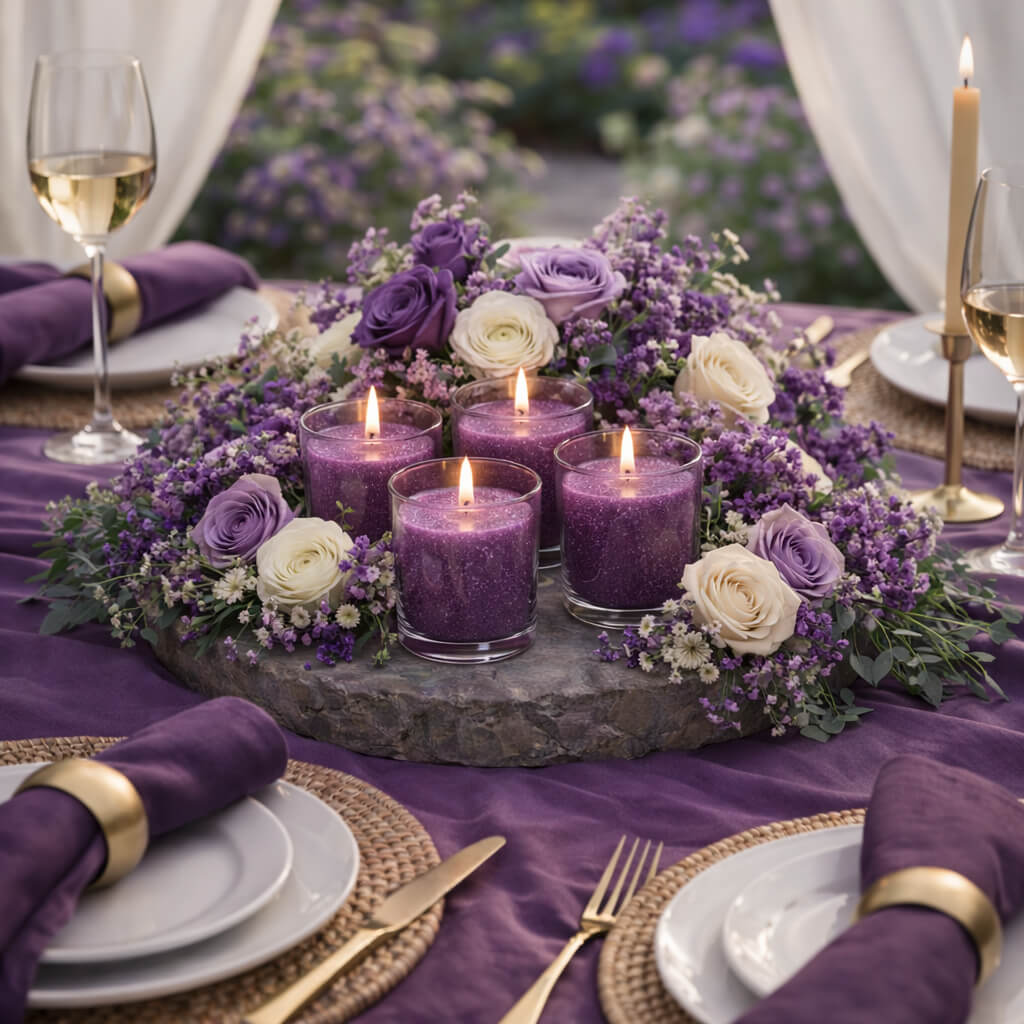 Richland Votive Candles & Eastland Clear Votive Holders Set of 12 - Purple - Mulberry Scented