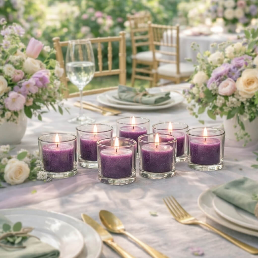 Richland Votive Candles & Eastland Clear Votive Holders Set of 12 - Purple - Mulberry Scented