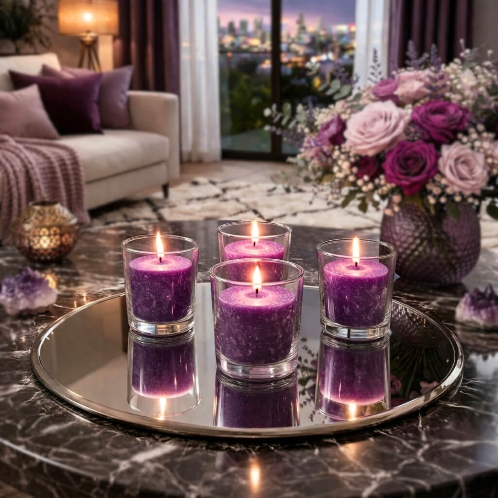Richland Votive Candles & Eastland Clear Votive Holders Set of 12 - Purple - Mulberry Scented