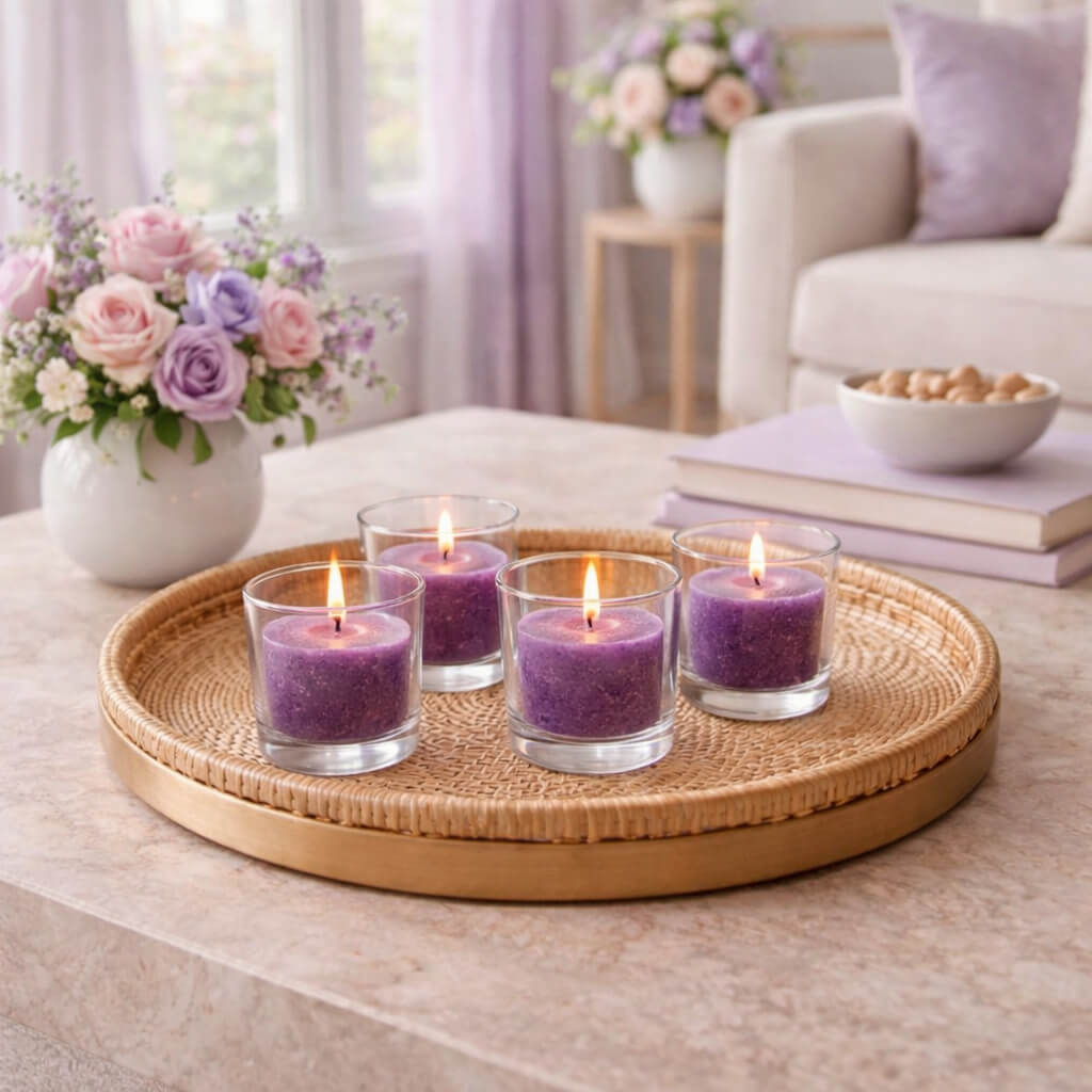 Richland Votive Candles & Eastland Clear Votive Holders Set of 12 - Purple - Mulberry Scented