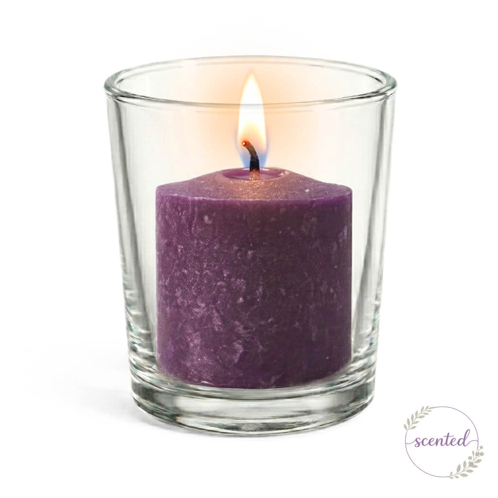 Richland Votive Candles & Eastland Clear Votive Holders Set of 12 - Purple - Mulberry Scented
