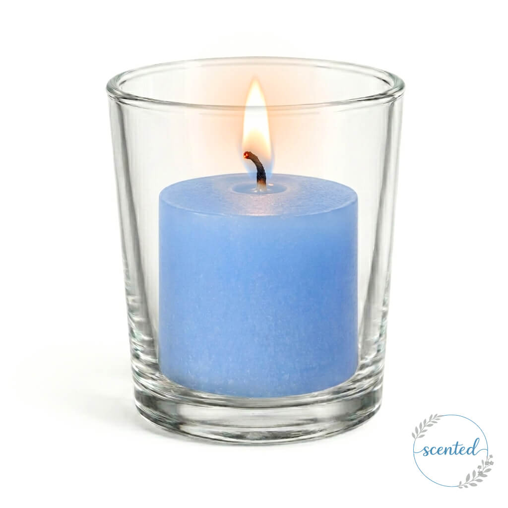 Richland Votive Candles & Eastland Clear Votive Holders Set of 144 - Light Blue - Ocean Breeze Scented