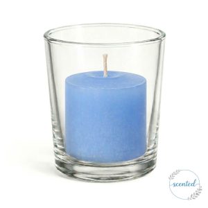 Richland Votive Candles & Eastland Clear Votive Holders Set of 144 - Light Blue - Ocean Breeze Scented