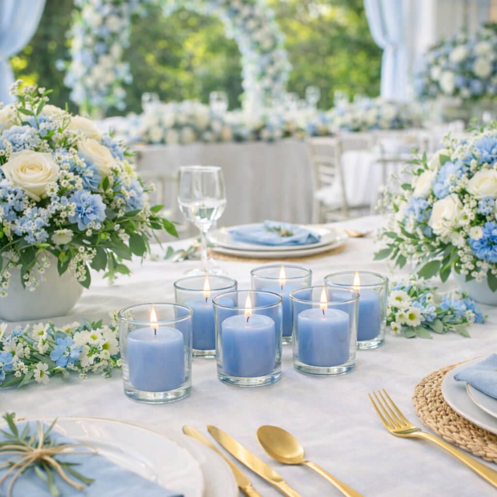 Richland Votive Candles & Eastland Clear Votive Holders Set of 144 - Light Blue - Ocean Breeze Scented
