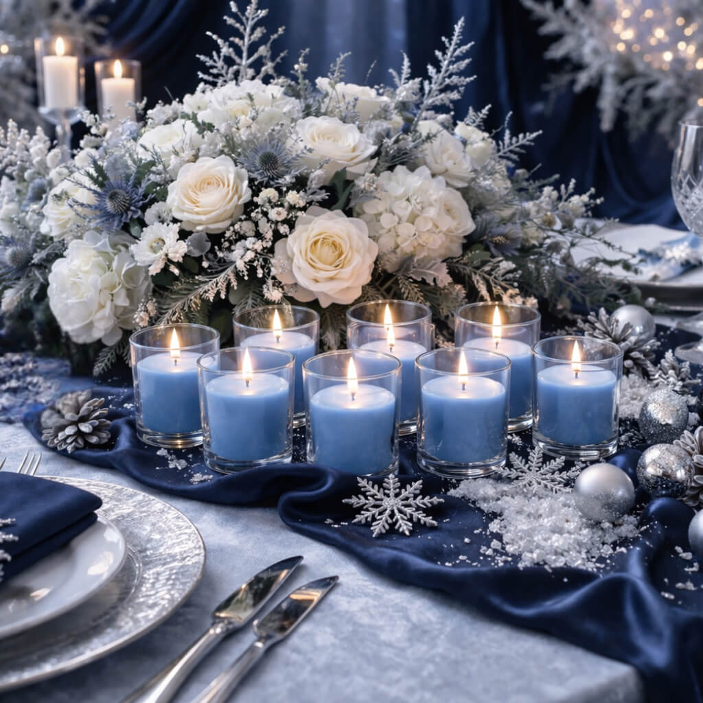 Richland Votive Candles & Eastland Clear Votive Holders Set of 144 - Light Blue - Ocean Breeze Scented