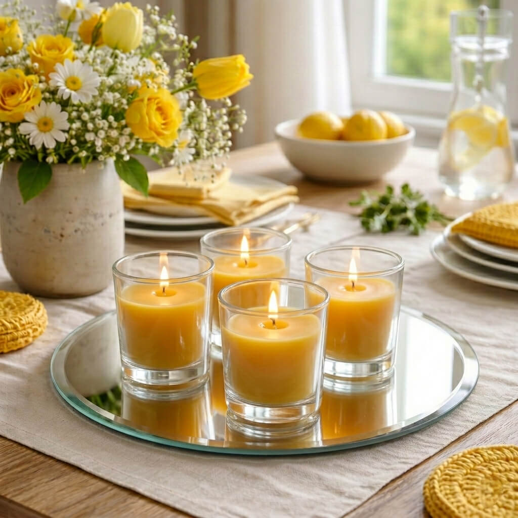 Richland Votive Candles & Eastland Clear Votive Holders Set of 12 - Yellow - Lemon Meringue Scented